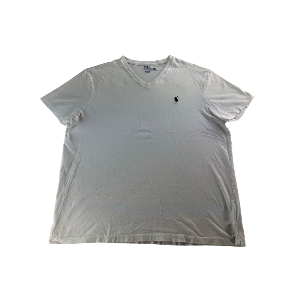 Polo Ralph Lauren Mens V Neck T Shirt White Classic Fit‎ Logo XL *PIN HOLE*